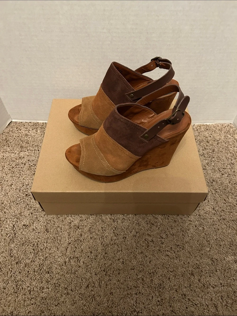 Lucky Brand Multi-Tone Brown Suede Wedge Sandals